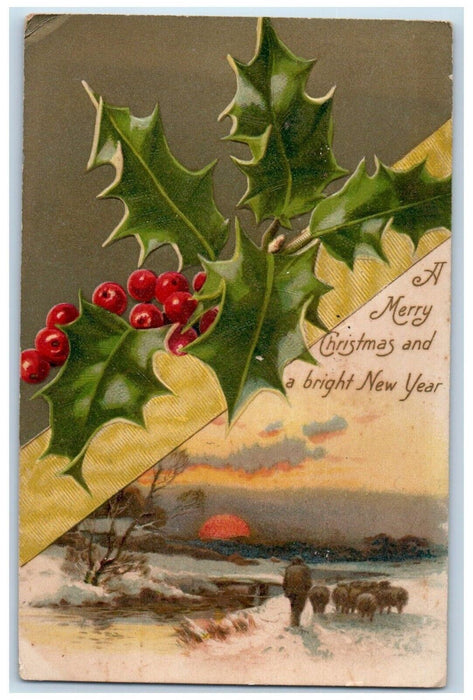 c1910's Christmas And New Year Holly Berries Sunset Lamb Winter Nash Postcard