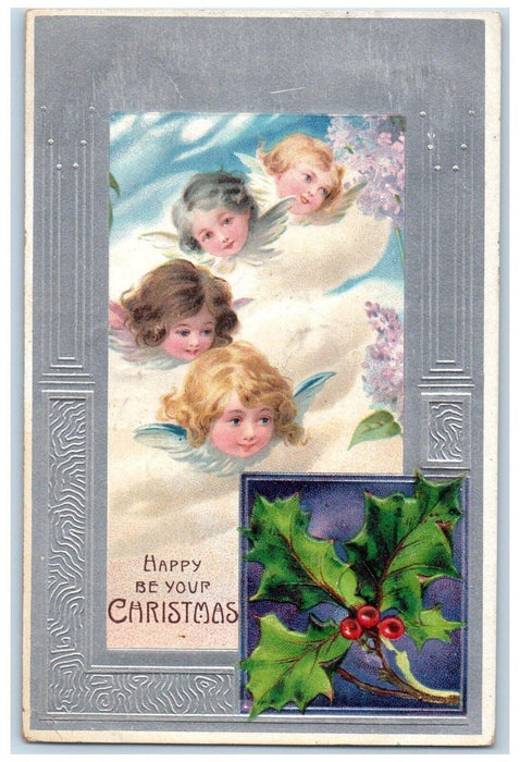 c1910's Christmas Angel Cherubs Head Pansies Flowers Holly Berries Postcard