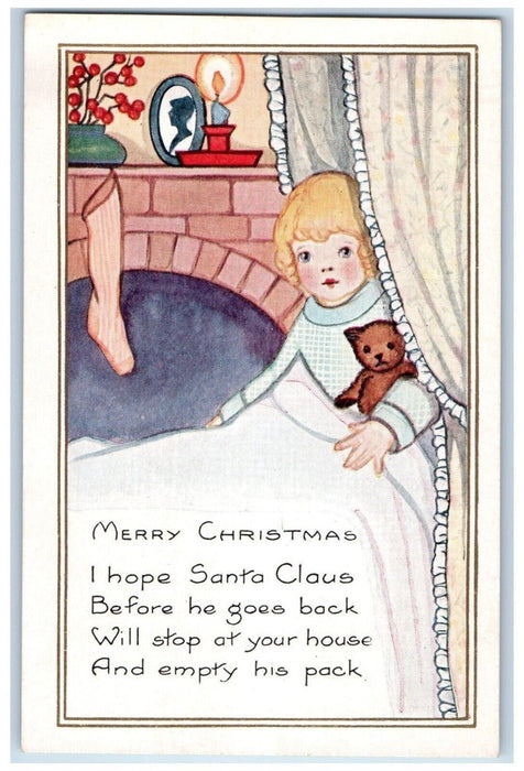 c1910's Christmas Girl Waiting Santa Fireplace Hanging Stocking Candle Postcard