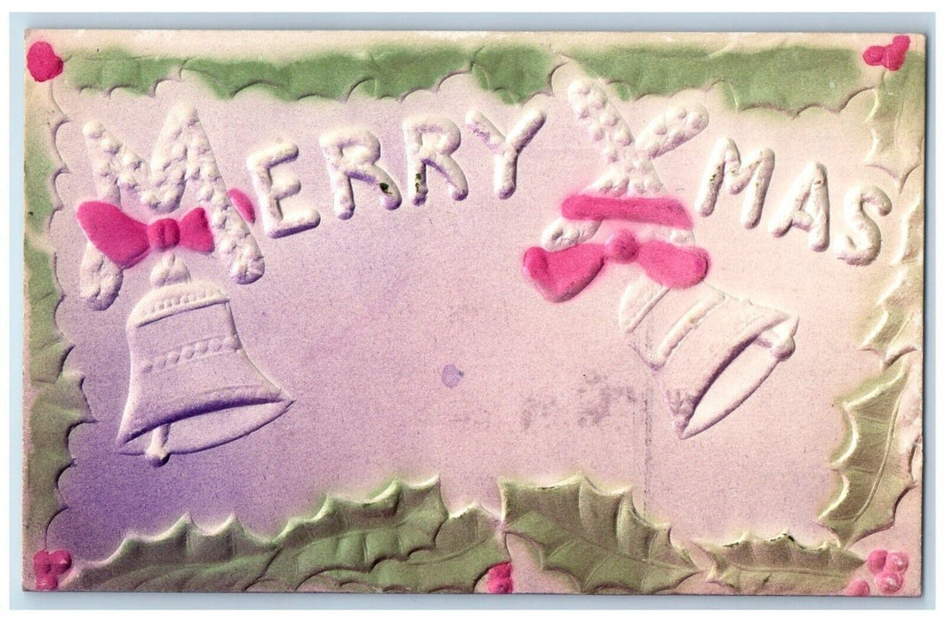 c1910's Christmas Holly Berries Bells Ribbon Airbrushed Embossed Postcard