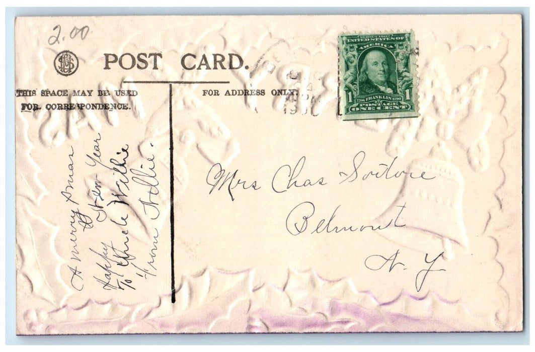 c1910's Christmas Holly Berries Bells Ribbon Airbrushed Embossed Postcard