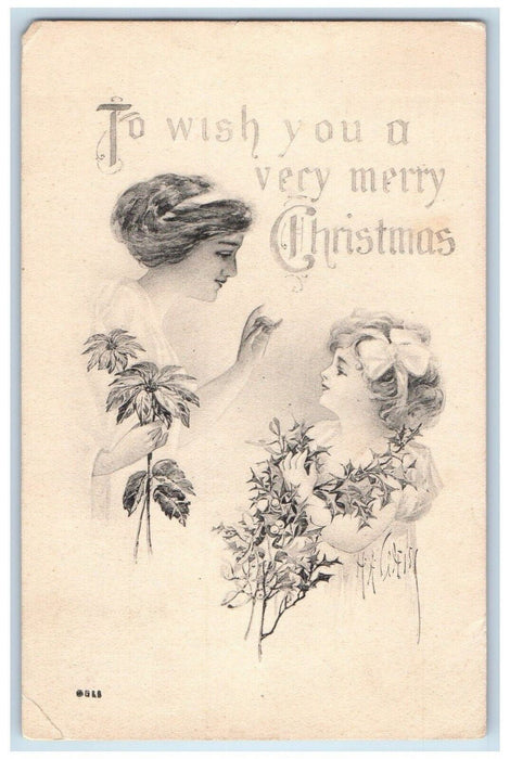 1912 Christmas Mother And Daughter Poinsettia Flowers Holly Berries Postcard