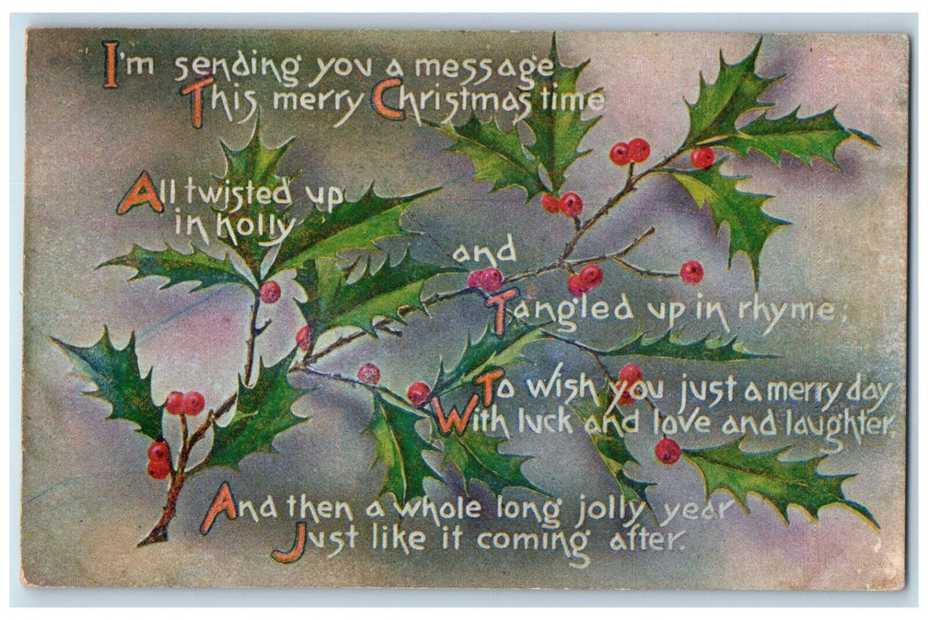 1909 Christmas Poem Message Holly Berries Schenectady New York NY Postcard