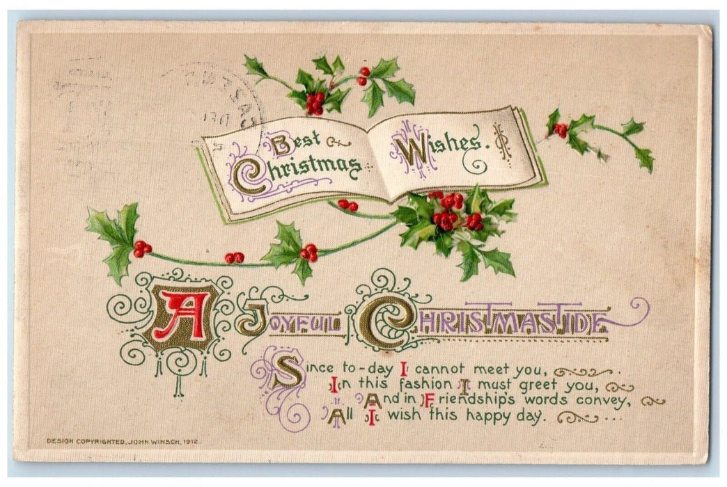 c1910's Christmas Wishes Message Holly Book John Winsch Artist Signed Postcard