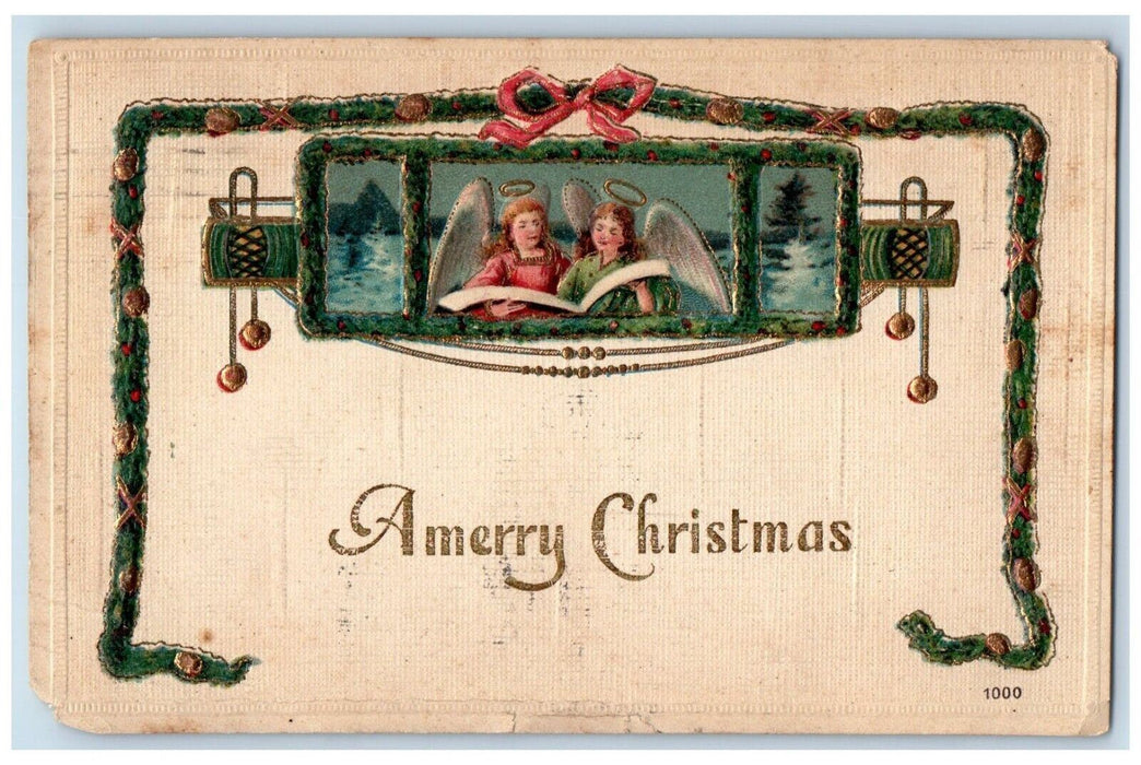 1907 Christmas Holly Garland Angels Carol Embossed Millville NJ Antique Postcard