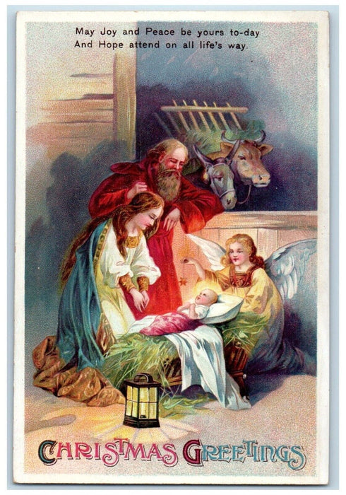 c1910's Christmas Greetings Religious Lantern Clapsaddle Embossed Postcard