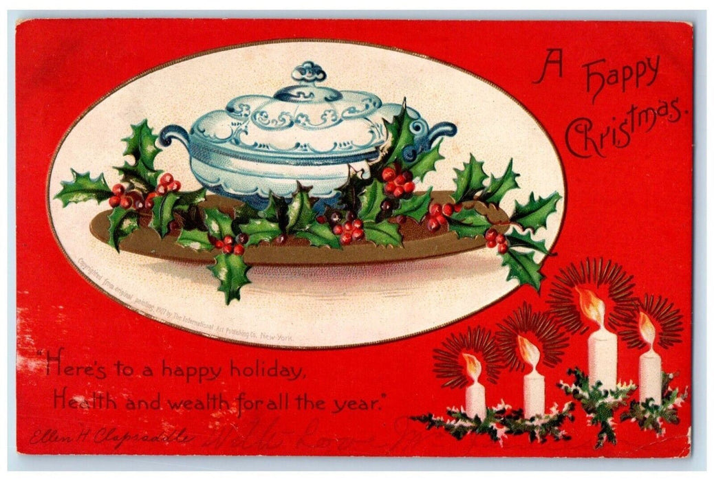 c1905 Christmas Holly Berries Candles Ellen Clapsaddle Artist Signed Postcard