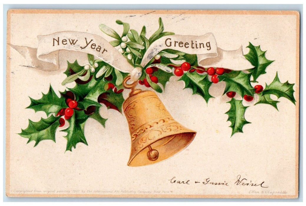 1907 New Year Greetings Holly Bells Ellen Clapsaddle Artist Signed Postcard