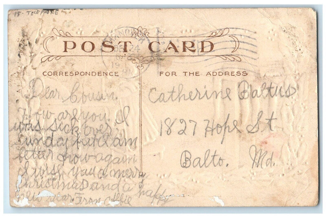 c1910's Christmas Greetings Little Girl Telephone Holly Berries Posted Postcard