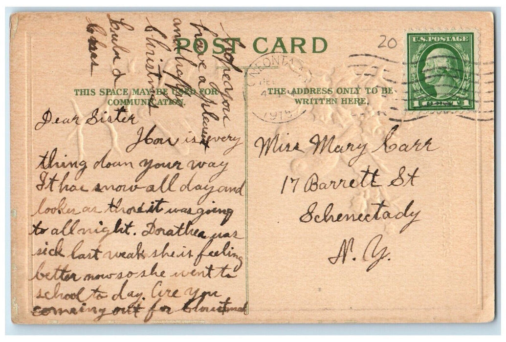 1915 Christmas Song Birds Holly Berries Winter Snow Embossed Oneonta NY Postcard