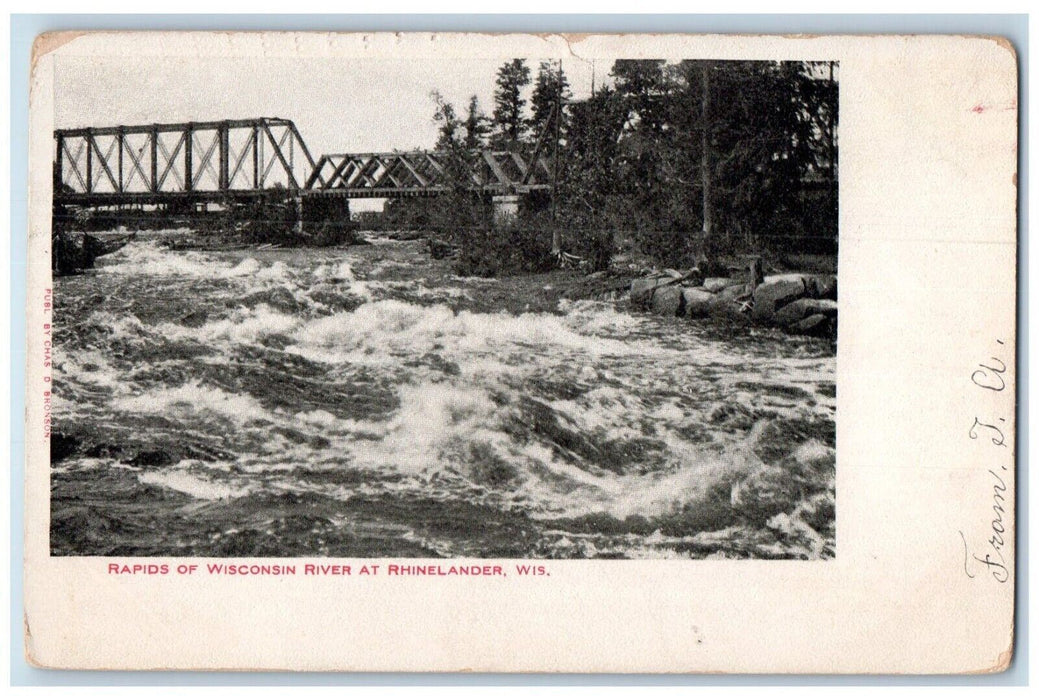 1906 Rapids Of Wisconsin River Waves Bridge Scene Rhinelander WI Postcard