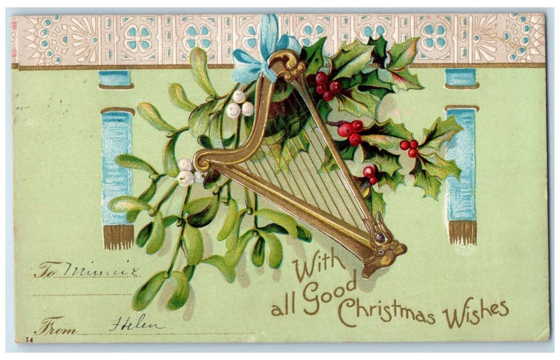 1908 Christmas Wishes Harp Holly Berries Clapsaddle Embossed Antique Postcard