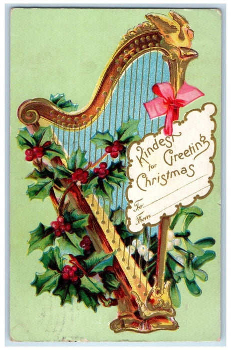 1907 Christmas Greetings Harp Holly Berries Clapsaddle Embossed Antique Postcard