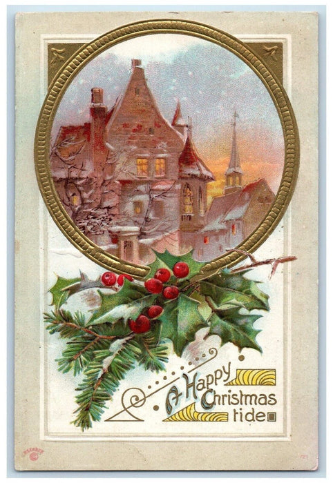 c1910's Christmas Holly Berries Pine Church Embossed Posted Antique Postcard