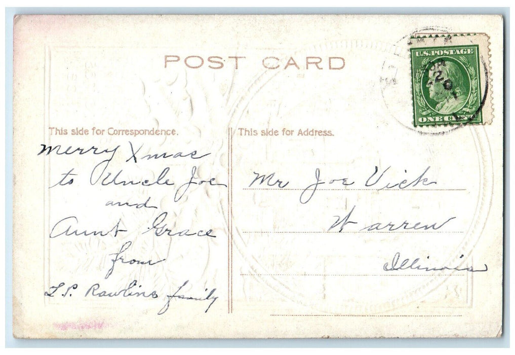 c1910's Christmas Holly Berries Pine Church Embossed Posted Antique Postcard