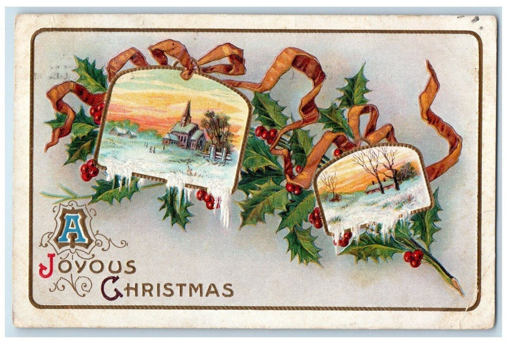 1910 Christmas Holly Berries Ribbon House Church Winter Snow Embossed Postcard