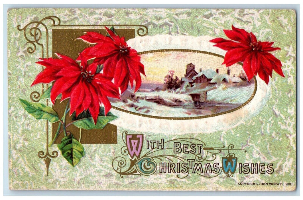 1912 Christmas Poinsettia House Winter John Winsch Artist Signed Posted Postcard