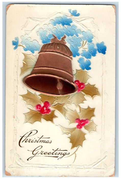 1912 Christmas Greetings Holly Bells Pansies Flowers Embossed Gel Postcard