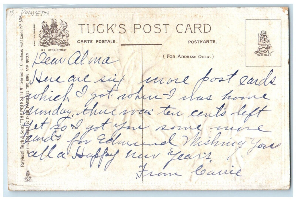 c1910's Christmas Message Poinsettia Flowers Embossed Antique Tuck's Postcard