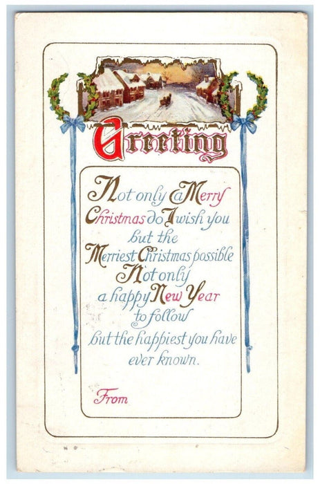 1914 Christmas Greetings Sleigh Holly Winter Snow Winsch Back Antique Postcard