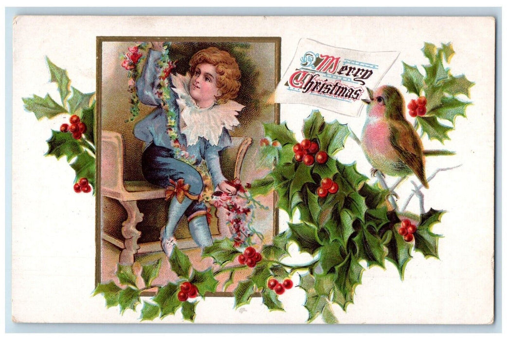 1909 Christmas Boy Garland Song Bird Holly Berries Embossed Gardiner ME Postcard
