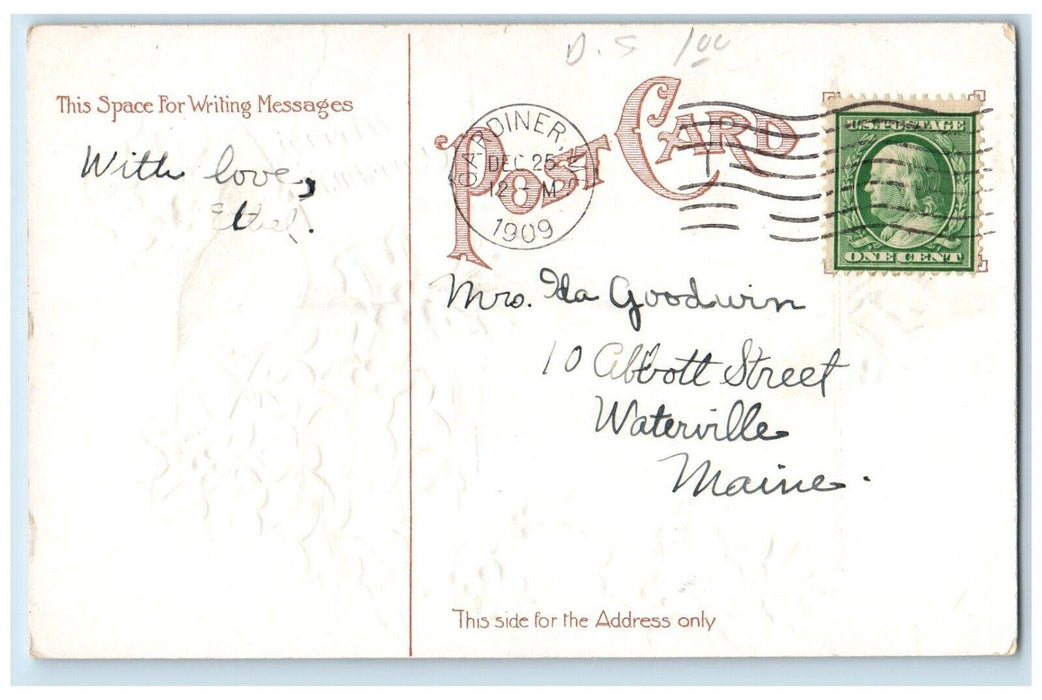 1909 Christmas Boy Garland Song Bird Holly Berries Embossed Gardiner ME Postcard