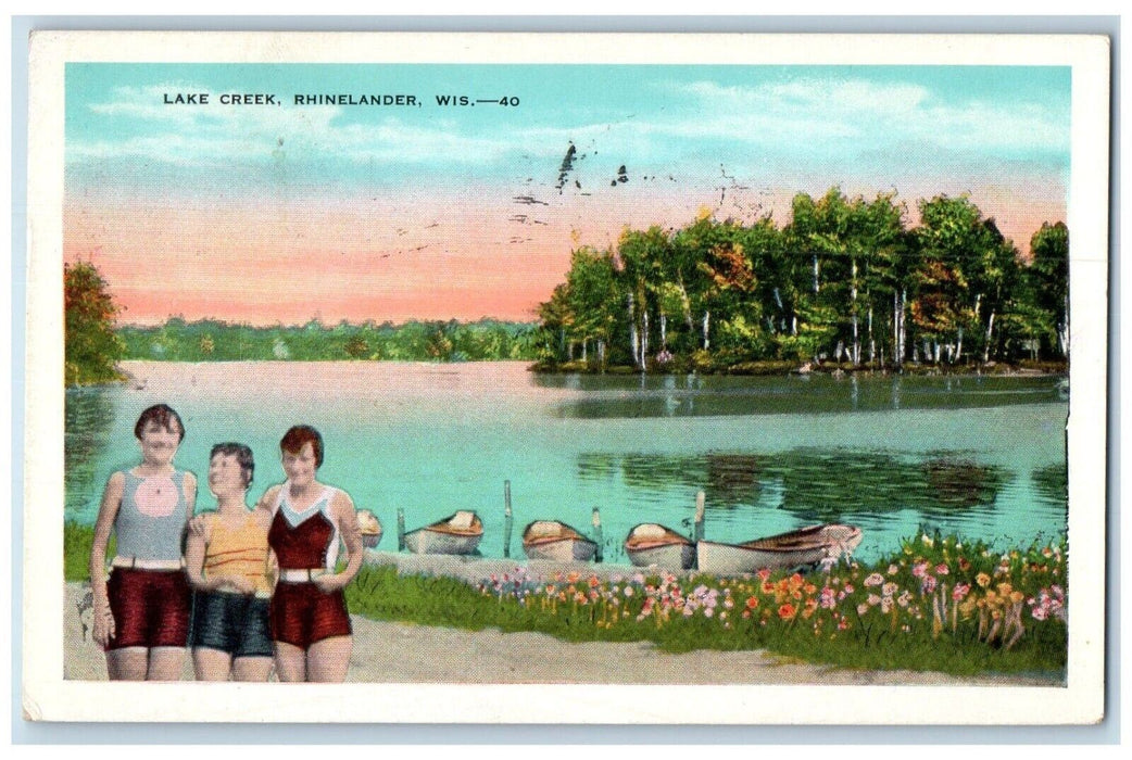 1954 View Of Lake Creek Boat Flowers Scene Rhinelander Wisconsin WI Postcard