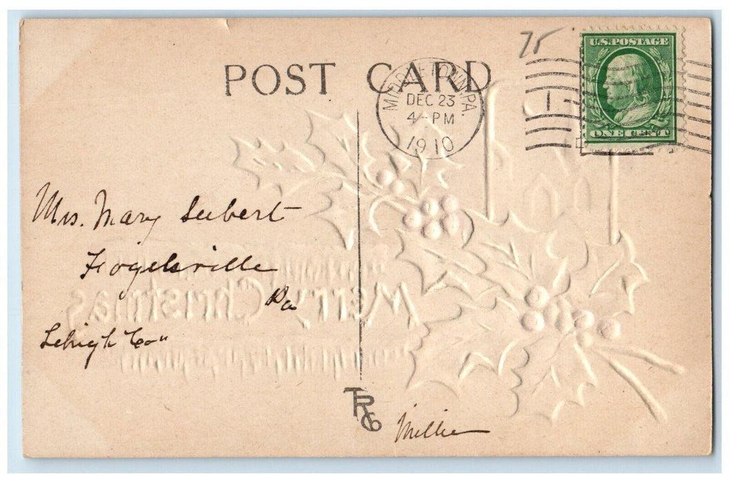 1910 Christmas Holly Berries Crescent Church Embossed Posted Antique Postcard