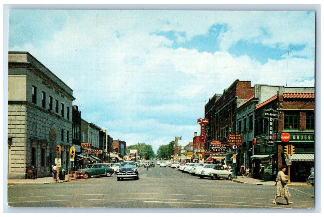 Looking North Brown Street Cars Stores Scene Rhinelander Wisconsin WI Postcard