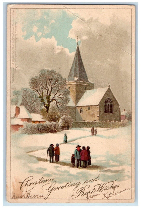 1903 Christmas Greetings People Walking Church Winter Churchville NY Postcard