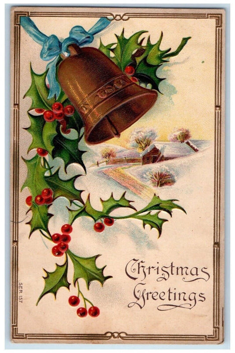 c1910's Christmas Greetings Holly Berries Bell House Winter Snow Posted Postcard