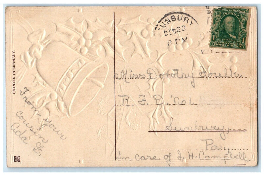 c1910's Christmas Greetings Holly Berries Bell House Winter Snow Posted Postcard