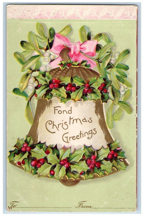 c1905 Christmas Greetings Holly Berries Bell Ribbon Clapsaddle Antique Postcard