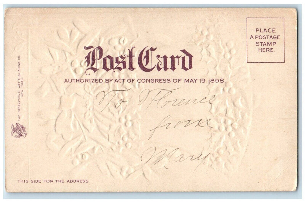 c1905 Christmas Greetings Holly Berries Bell Ribbon Clapsaddle Antique Postcard