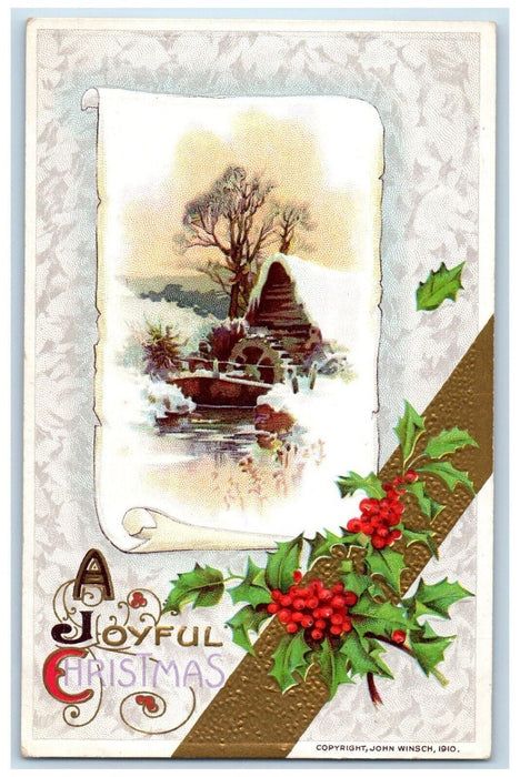 1911 Christmas Mill Holly Berries Winter Snow John Winsch Artist Signed Postcard