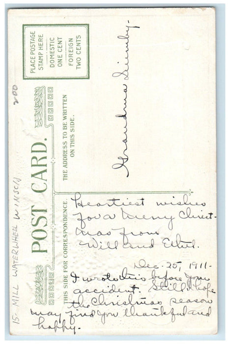 1911 Christmas Mill Holly Berries Winter Snow John Winsch Artist Signed Postcard