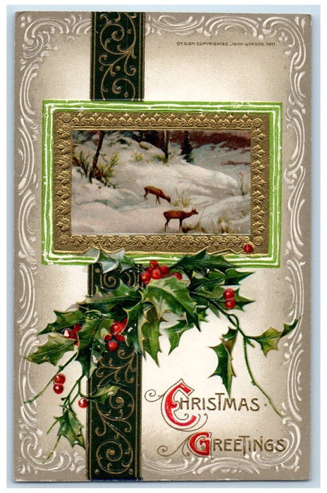 c1910's Christmas Greetings Deer Holly Berries Winter Snow Winsch Back Postcard