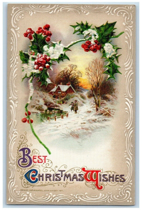 c1910's Christmas Holly Berries Snow Winter John Winsch Artist Signed Postcard