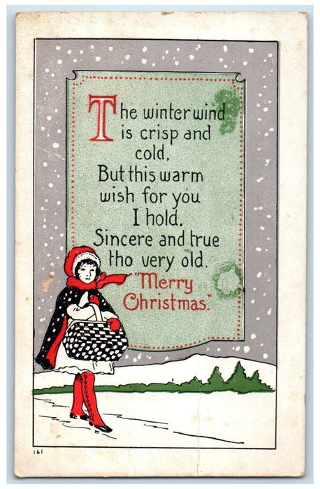 c1910's Christmas Girl Holding Basket Snowfalls Winter Posted Antique Postcard