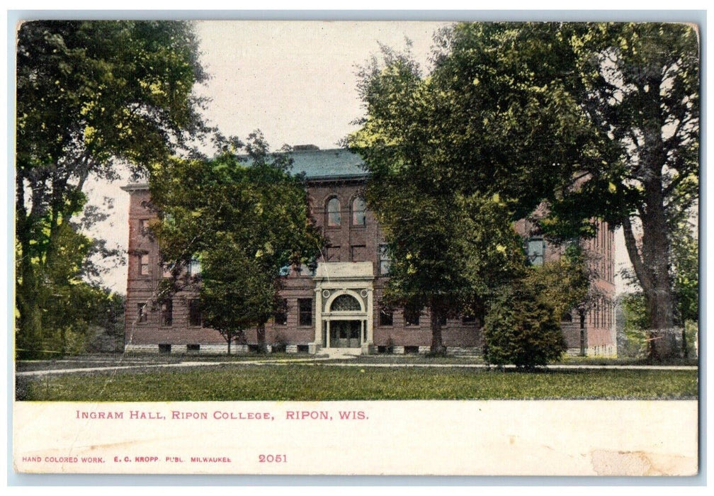 c1905 View Of Ingram Hall Ripon College Building Wisconsin WI Antique Postcard