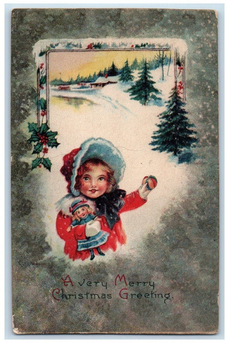 c1910's Christmas Greetings Little Girl Doll Holly Pine Trees Winter Postcard