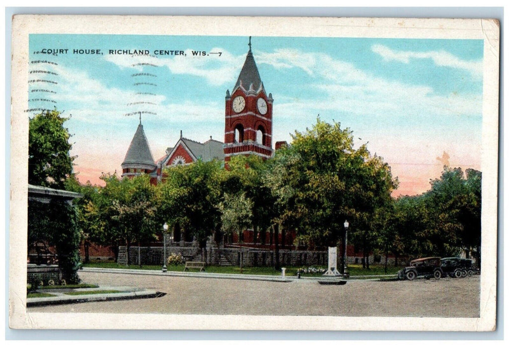 Court House Clock Tower Cars Street View Richland Center Wisconsin WI Postcard