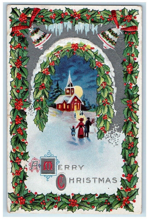 1911 Christmas Horsehoe Holly Berries Bells Family Church Moon Embossed Postcard