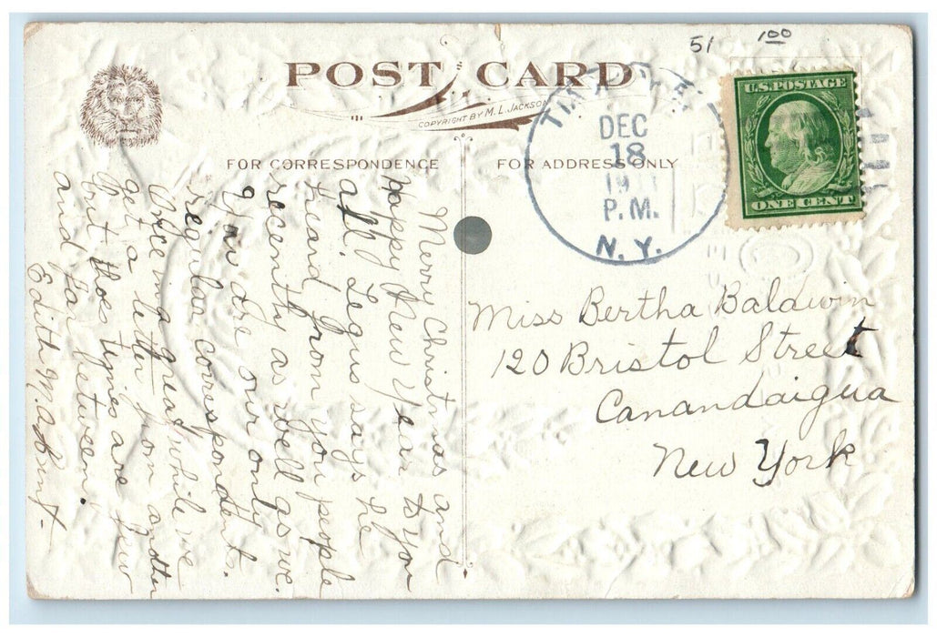 1911 Christmas Horsehoe Holly Berries Bells Family Church Moon Embossed Postcard