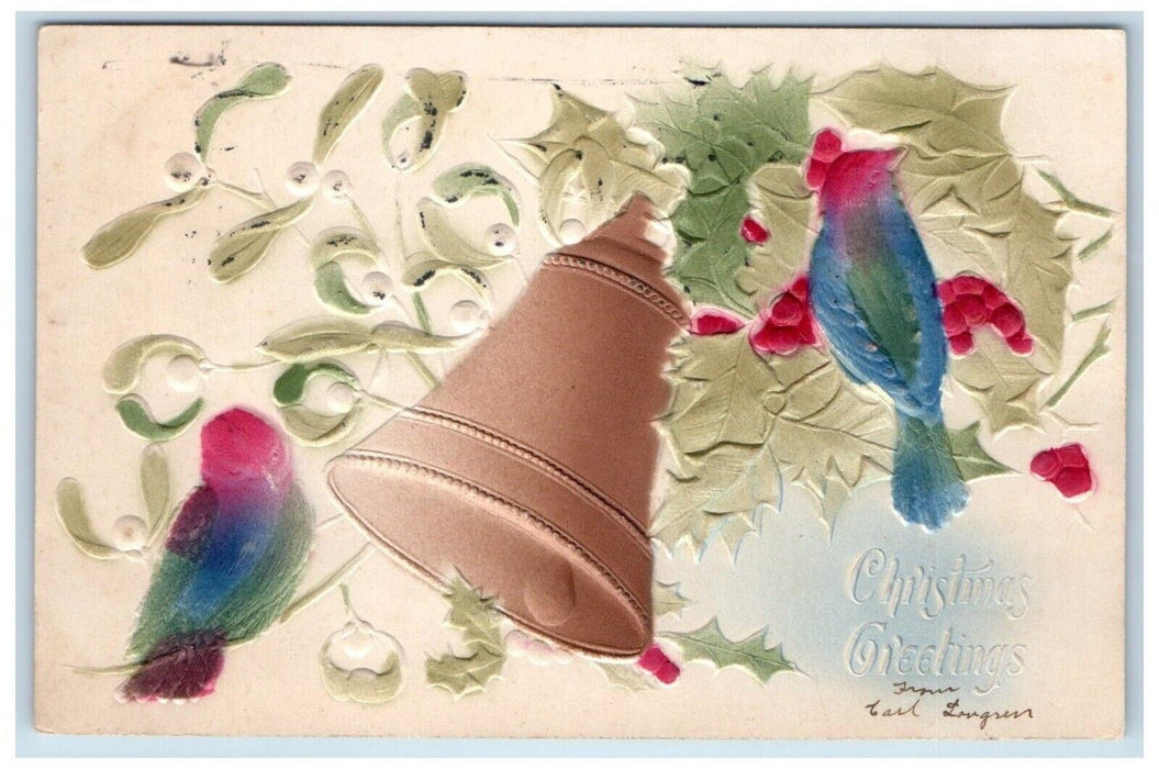 c1910's Christmas Greetings Holly Berries Bell Song Birds Airbrushed Postcard