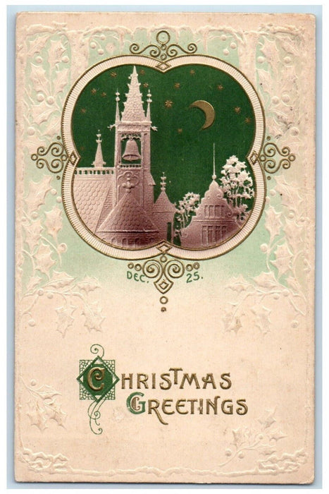 c1910's Christmas Greetings Church Crescent Moon Stars Embossed Antique Postcard