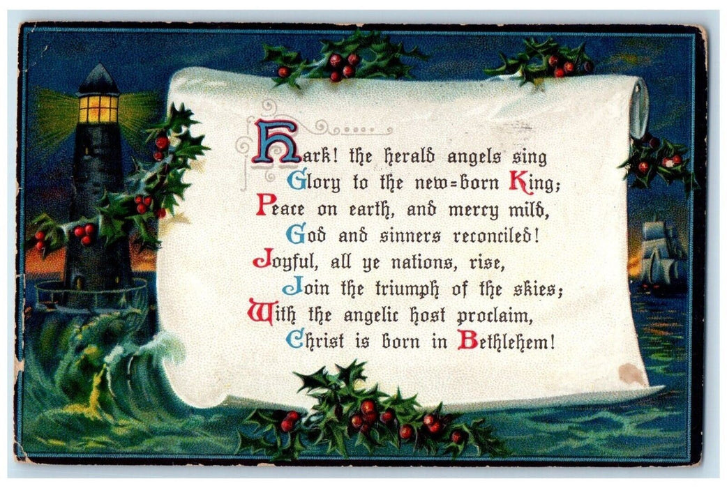 1912 Christmas Poem Holly Berries Lighthouse Embossed Posted Antique Postcard