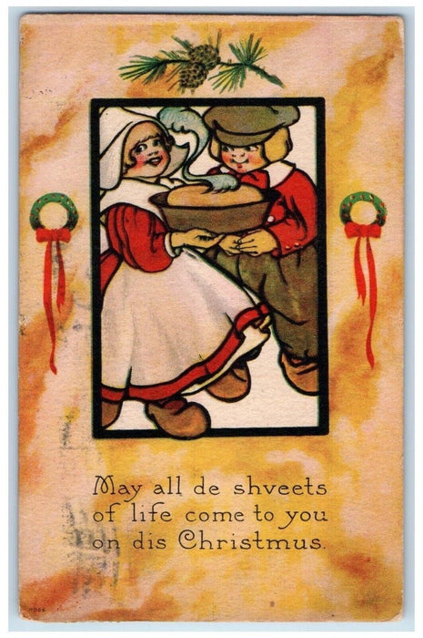 1914 Christmas Dutch Boy Girl Pudding Whreat Pine Cones Posted Antique Postcard