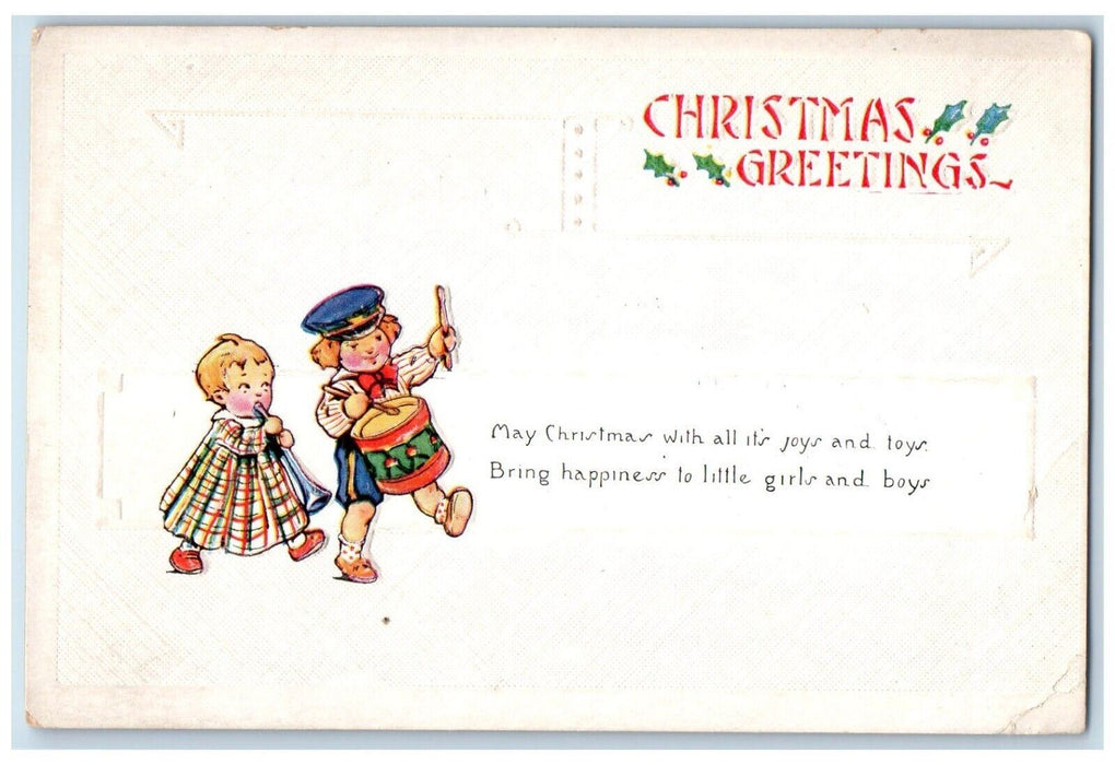 c1910's Christmas Greetings Children Drummer Trumpet Embossed Antique Postcard