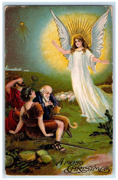 1910 Christmas Floating Angel Dog Star Embossed Posted Antique Postcard